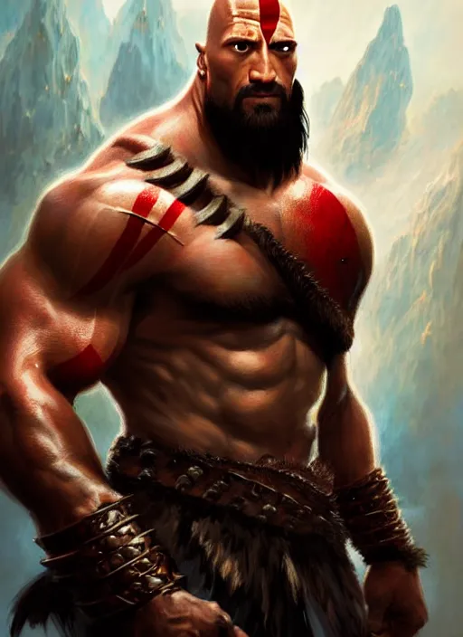 Image similar to portrait ofdwayne johnson as kratos, d & d, muscular! fantasy, intricate, elegant, highly detailed, digital painting, artstation, concept art, smooth, sharp focus, illustration, art by artgerm and greg rutkowski and alphonse mucha