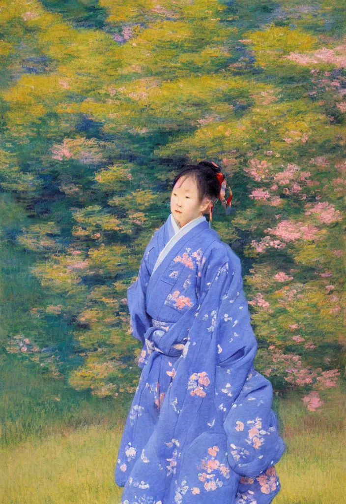 Image similar to tiny samurai in front of a beautiful japanese country side landscape, edo era house in the background, blue sky, magnificient clouds, lofi vibe, vivide colors, amazing light, really beautiful nature, oil painting, impressionist style, by jeremy lipkin, by claude monet, by ghibli, kandinsky touches, multiple brush strokes, masterpiece