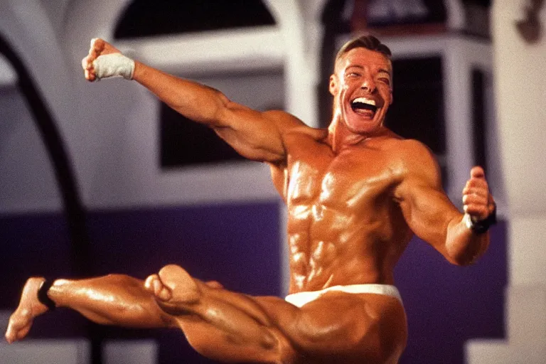 Prompt: hyperrealistic 1992 Jean Claude Vandamme doing the splits, laughing hysterically, doing the spilts with his legs going pointing two separate directions, between two chairs over a toilet, golden hour, smiling, award winning