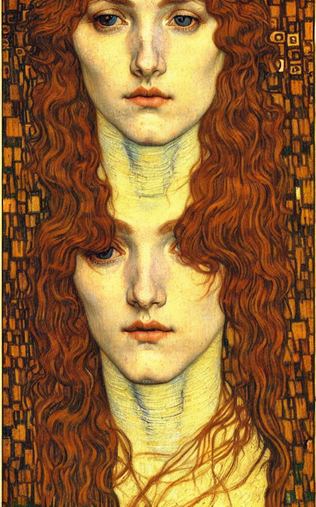 Image similar to detailed realistic beautiful young medieval queen face portrait by jean delville, gustav klimt and vincent van gogh, art nouveau, symbolist, visionary, gothic, pre - raphaelite, muted earthy colors, desaturated