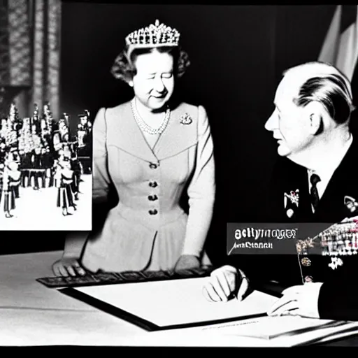 Image similar to ultra wide 1 9 4 6 historical photo 1 3 5 mm of a single german general signing a peace treaty, a young queen elizabeth holds a corgi and watches the general sign the treaty, french village interior, highly detailed, sharp focus