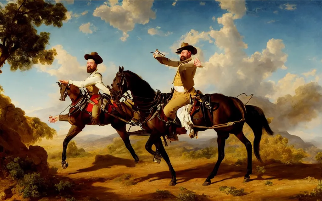 Prompt: a beautiful full body portrait of heisenberg in underpants pointing his gun in the middle of the desert, with a carriage in the background, art by franz xaver winterhalter, highly detailed, elegant, jewlery, romanticism, rococo, neoclassicism, 1 8 5 0 s style painting, oil on canvas, vivid