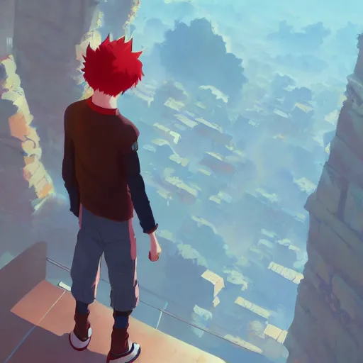 Prompt: red haired teen boy, standing a ledge, konohagakure in the background, digital painting, artstation, highly detailed, by makoto shinkai and thomas kindle and James gilleard