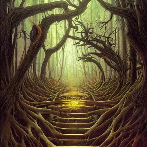 Image similar to dead forest, cosmic portal, stair in the forest by gerald brom