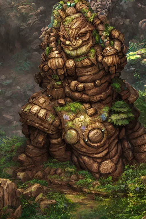 Image similar to zelda fantasy art giant golem troll wood rock greeble gemstone, global illumination ray tracing hdr fanart arstation by sung choi and eric pfeiffer and gabriel garza and casper konefal