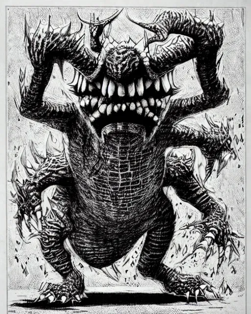 Image similar to the pokemon missingno as a d & d monster, pen - and - ink illustration, etching, by russ nicholson, david a trampier, larry elmore, 1 9 8 1, hq scan, intricate details, high contrast