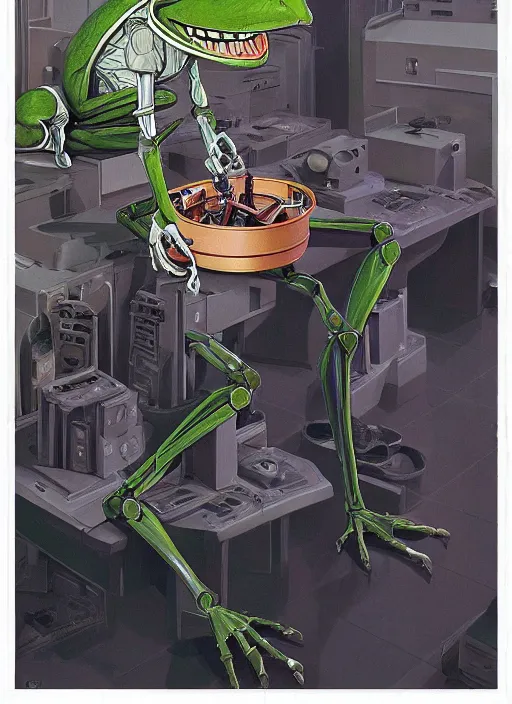 Image similar to portrait of Kermit the frog robot, detailed, coherent, painted by Edward Hopper, Wayne Barlowe, James Gilleard, airbrush, art by James Jean