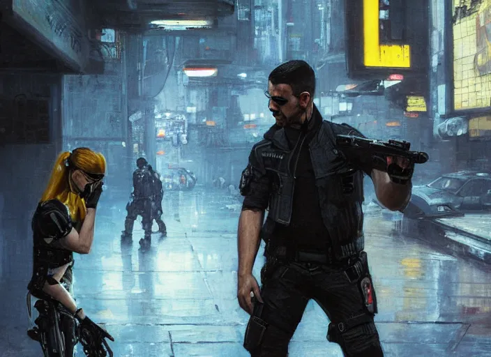 Prompt: Maria evades sgt Nash. Cyberpunk hacker wearing yellow fighting police troopers (blade runner 2049, cyberpunk 2077). beautiful face. jujitsu. Orientalist portrait by john william waterhouse and James Gurney and Theodore Ralli and Nasreddine Dinet, oil on canvas. Cinematic, hyper realism, realistic proportions, dramatic lighting, high detail 4k