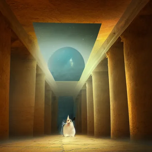 Prompt: a ginger cat that is walking down a hallway, egyptian art by hanns katz, pixabay contest winner, magical realism, anamorphic lens flare, storybook illustration, matte painting
