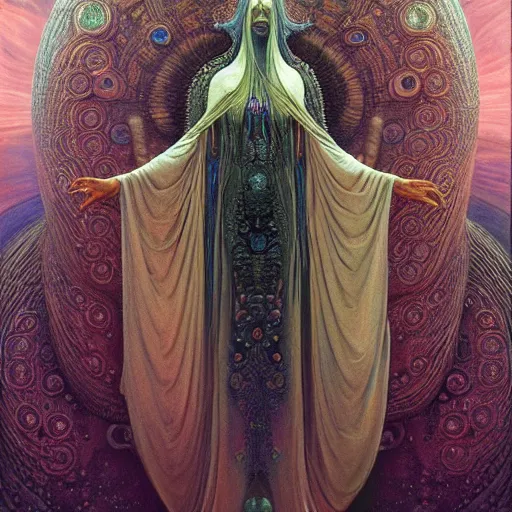 Prompt: queen of the galaxy by zdzisław beksinski, alphonse mucha. highly detailed, hyper - real, very beautiful, intricate fractal details, mysterious, polished, futuristic design, trending on deviantart and artstation