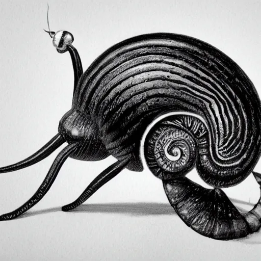 Prompt: goth snail, black and white, realistic, highly detailed, trending on artstation