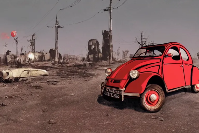 Prompt: red and black citroen 2 cv ( 1 9 6 5 ) driving across the wastelands of fallout 4, dramatic lighting, establishing shot, by simon stalenhag