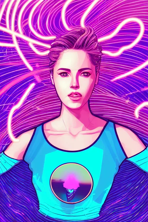 Image similar to a award winning half body portrait of a beautiful woman in a croptop and cargo pants with ombre purple pink teal hairstyle with head in motion and hair flying, surrounded by whirling illuminated lines, outrun, vaporware, shaded flat illustration, digital art, trending on artstation, highly detailed, fine detail, intricate