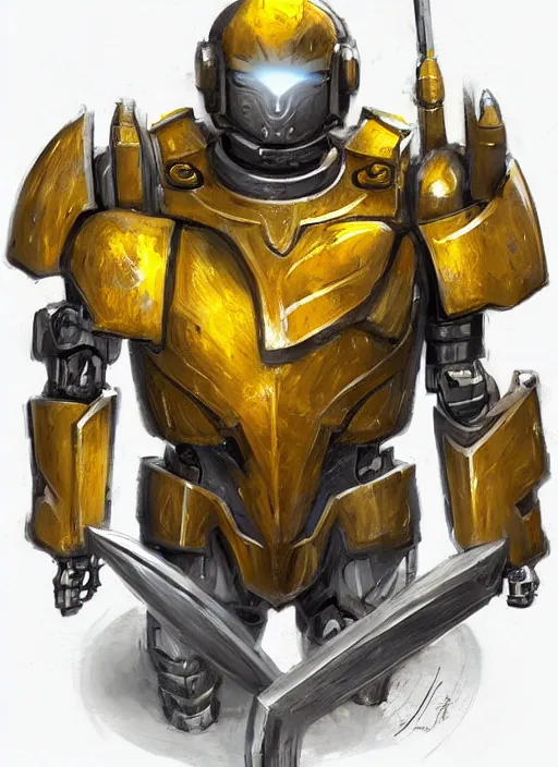 Image similar to dynamic portrait of a mecha warforged character in yellow armor holding a paladin engraved longsword and carrying a big shield, epic , trending on ArtStation, cinematic lighting, by Jesper Ejsing