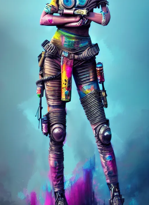 Image similar to full body concept art illustration colorful pastel painting of a female mad max in full intricate colorful clothing, beautiful face, ultra detailed, octane render, 4K, dystopian, micro details