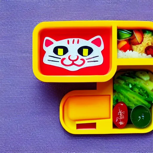 Image similar to a bento box in the shape of a cat. bright colored rush and rice make a picture of a cat in a nice little box.
