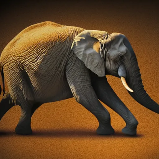 Image similar to an elephant crumbles to ash on the floor, photorealistic