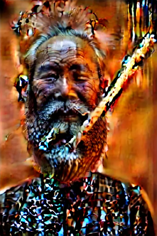 Image similar to full body shot of hanging old asian man with long beard, his head covered in roots, full face occult silver mask, bright multiple glowing eyes, holding a large carved wooden dark fractal stick, hanging upside down, thick smoke around him, in the burning soil desert, cinematic shot, wide angle, dark desert background, volumetric lighting by Denis Villeneuve, Lubezki, Gaspar Noe, Christopher Doyle and Alejandro Jodorowsky, anamorphic lens, anamorphic lens flares, kodakchrome, cinematic composition, practical effects, award winning photo, 8k