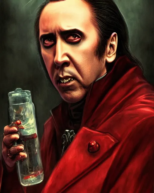 Image similar to nicolas cage as dracula, drink blood, highly detailed, centered, artstation, concept art, smooth, sharp focus, illustration, bokeh art by artgerm and donato giancola and joseph christian leyendecker