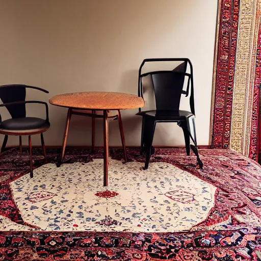 Image similar to a room with a chair, a table, a speaker and a persian carpet, unsplash, postminimalism, aesthetic, cluttered