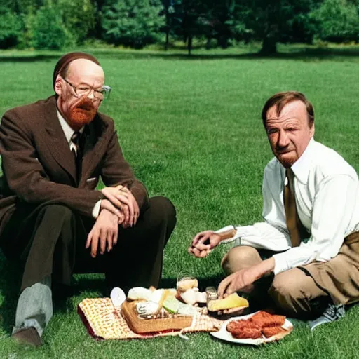 Image similar to walter white and saul goodman having a picnic date at the park, circa 1 9 4 6