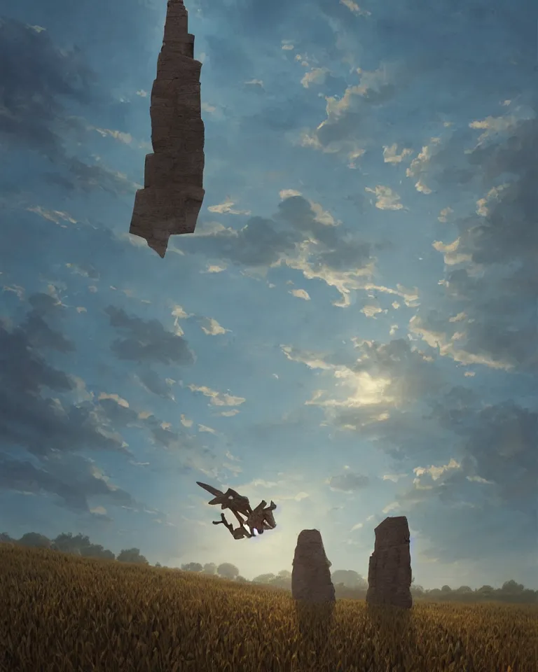 Image similar to wide shot of a tall and thin rock shard geometric statue hovering vertically thirty feet above a cornfield, late afternoon, golden hour, dramatic lighting, cinematic, highly detailed, smooth, sharp focus, concept art by greg rutkowski and marc simonetti