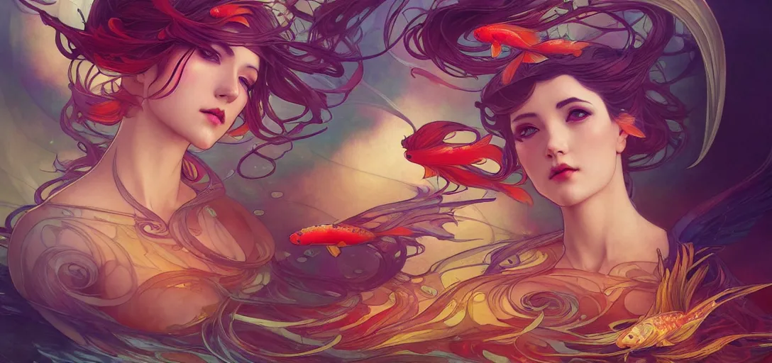 Prompt: koi fish, by artgerm, cushart krenz, greg rutkowski, mucha. art nouveau. gloomhaven, swirly vibrant ripples, gaudy colors, sharp edges. ultra clear detailed. 8 k. elegant, intricate, octane render