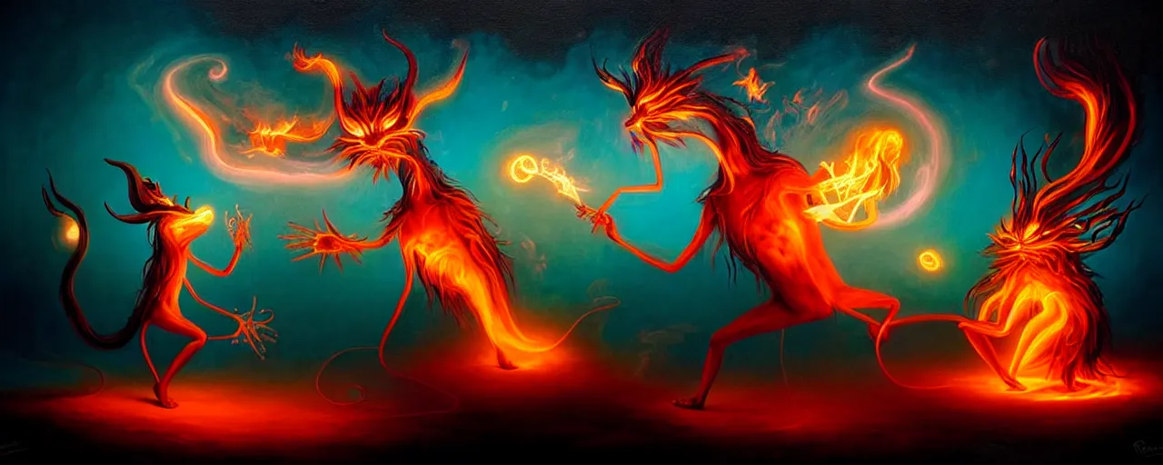 Image similar to whimsical fiery alchemical creatures, surreal dark uncanny painting by ronny khalil