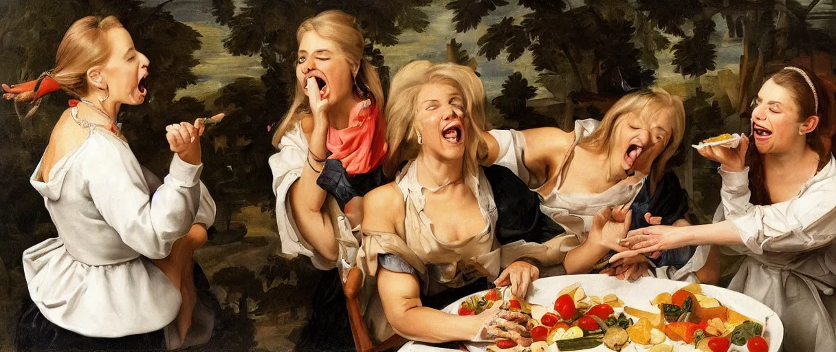 Image similar to painting portrait of ( ( ( two women yelling at cat meme ) ) ). taylor armstrong and kyle richards. crazy blonde woman sideview pointing and yelling at white cat that is eating vegetables from plate. accidental renaissance by diego velasquez, young woman, high resolution, very detailed art