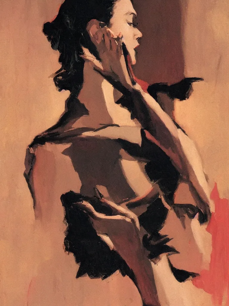 Image similar to portrait profile of one mysterious dark beautiful women in 1 9 7 8, oil painting by john watkiss