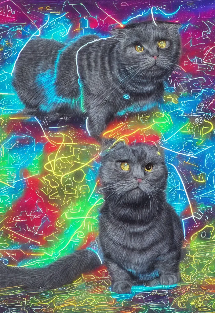 Image similar to cfa champion dark tortie scottish fold cat, cute feet long tail, radiant data visualization mathematical diagrams hologram overlay revealing complex inner machinations calculating sparrows flight trajectory, detailed annotated painting, grisaille dark monochrome with neon fluorescent color airbrush spraypaint accents, by jules julien, wes anderson, lisa frank, basquiat, octane render 4 k