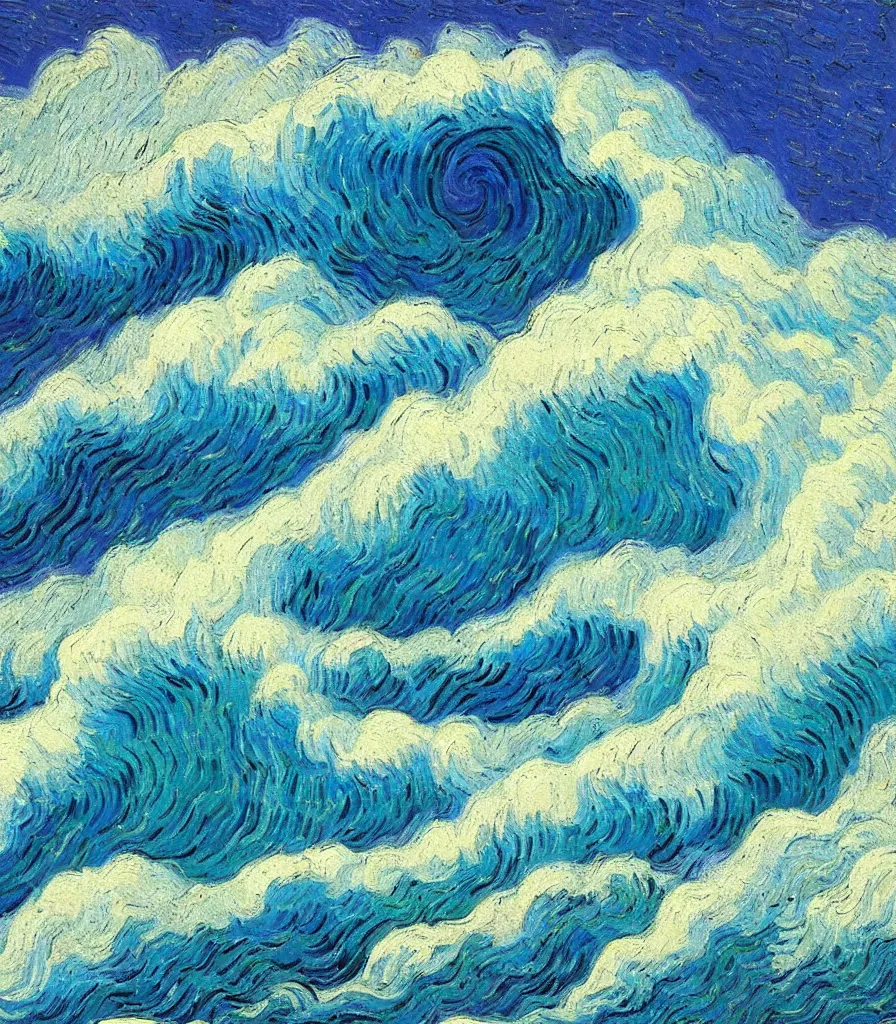 Image similar to an impasto oil painting of a barreling wave painted by vincent van gogh, traidic color scheme, blue and cyan colors, high detail, breathtaking wave, impressionism