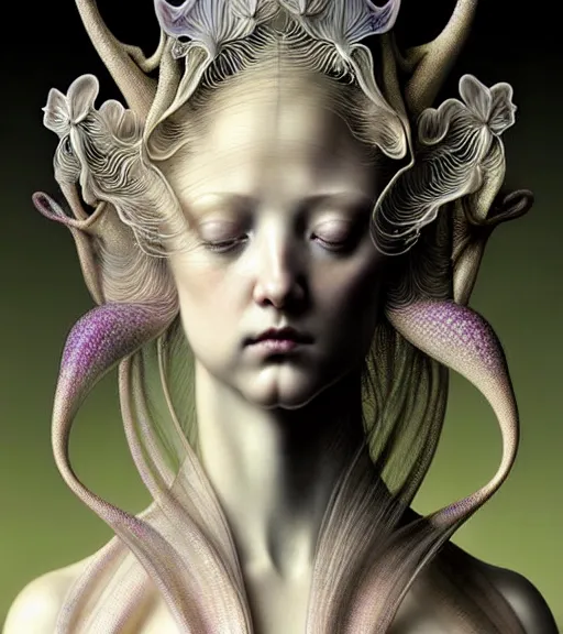Image similar to beautiful young orchid fairy detailed realistic porcelain face portrait by jean delville, gustave dore, iris van herpen and marco mazzoni, art forms of nature by ernst haeckel, art nouveau, symbolist, visionary, gothic, neo - gothic, pre - raphaelite, fractal lace, intricate alien botanical biodiversity, surreality, hyperdetailed ultrasharp octane render