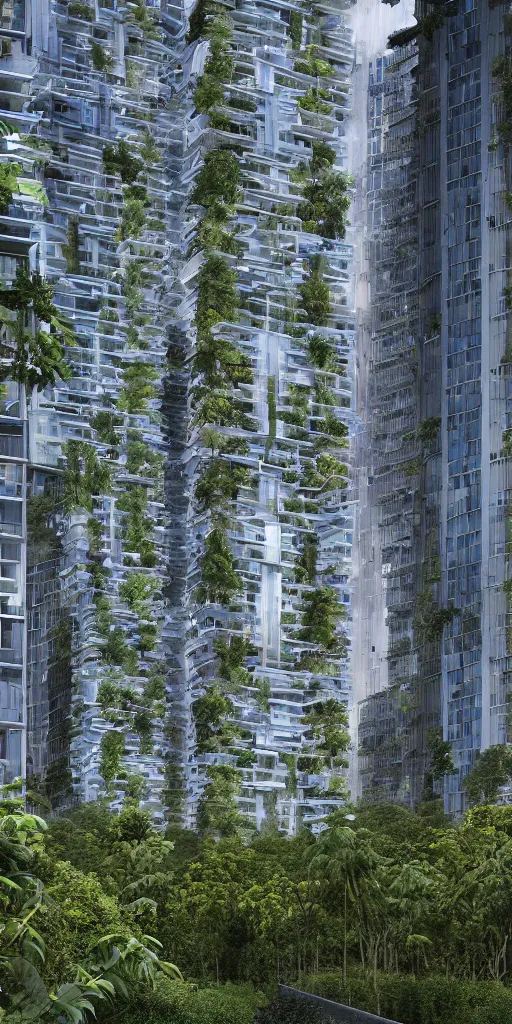 Prompt: elevational photo by Andreas Gursky at dusk of tall and slender futuristic mixed-use towers emerging out of the ground. The towers are covered with trees and ferns growing from floors and balconies. The towers are bundled very close together and stand straight and tall. The towers have 100 floors with deep balconies and hanging plants. Cinematic composition, volumetric lighting, architectural photography, 8k, megascans, vray.