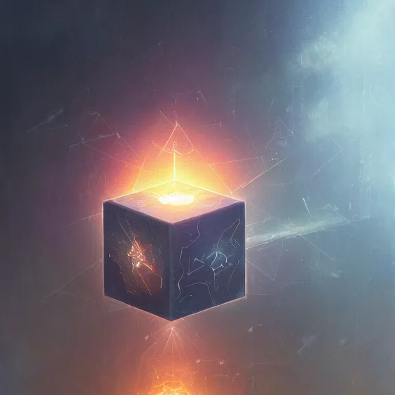 Prompt: mysterious glowing cube with strange markings etched onto its surface, hovering in midair, by greg rutkowski and thomas kinkade, ambient light, ultra detailed, 8 k, very very very very very very beautiful, trending on artstation, award winning, beautiful scenery.
