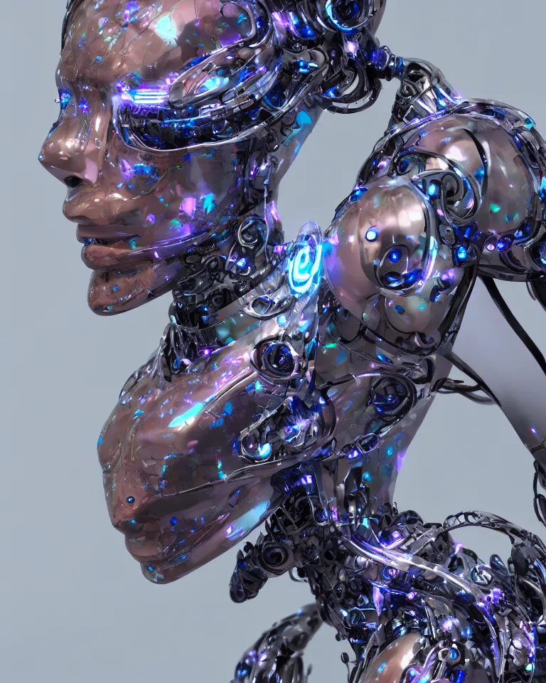 Image similar to Opal cyborg fashion robot, cyber copper spiral decorations, translucent elegant modern design, headshot half figure, photorealistic, 8k, hyper detailed, unreal engine, trending on artstation