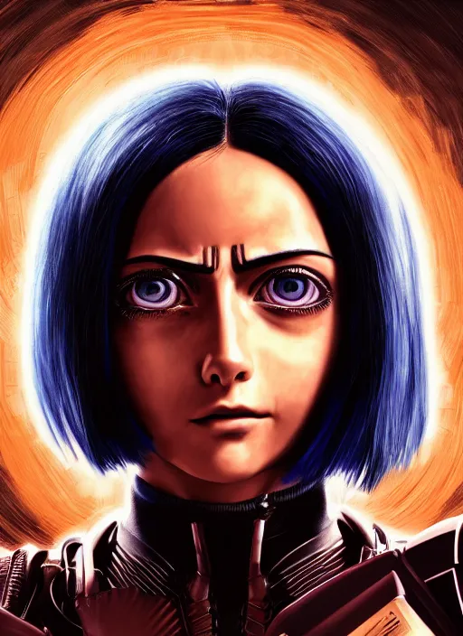 Prompt: Alita Battle Angel, digital painting, cyberpunk, aesthetic, faded, full body portrait, hyper realistic render, 8k