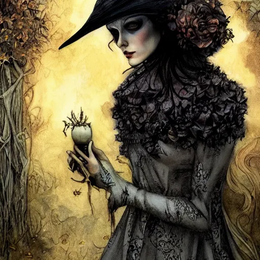 Prompt: Rebecca Guay artwork spooky wicher hat hallowen, digital art, highly detailed, illustration, elegant, digital painting 4K UHD image,fashion photography