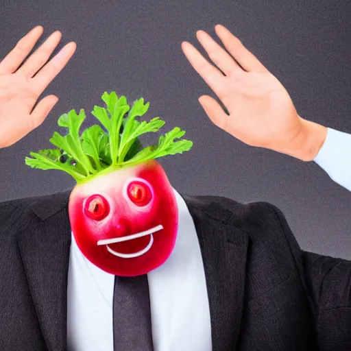 Image similar to hilarious stock photo of a radish with a face wearing a suit on a man's body, high fiving another person's face