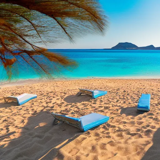 Prompt: beds on Elafonissi Beach in crete, 8k resolution, hyper detailed, professional photograph