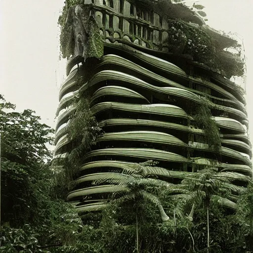 Image similar to a building in a rainforest by hans bellmer