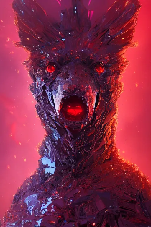 Image similar to A fancy portrait of a red crystalized beast by Greg Rutkowski, beeple, Sung Choi, Mitchell Mohrhauser, Maciej Kuciara, Johnson Ting, Maxim Verehin, Peter Konig, final fantasy, macro lens, 35mm, 8k photorealistic, cinematic lighting, HD, high details, dramatic, dark atmosphere, trending on artstation