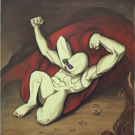 Image similar to painting of a demon representing exhaustion, the demon looks like an anthropomorphic animal