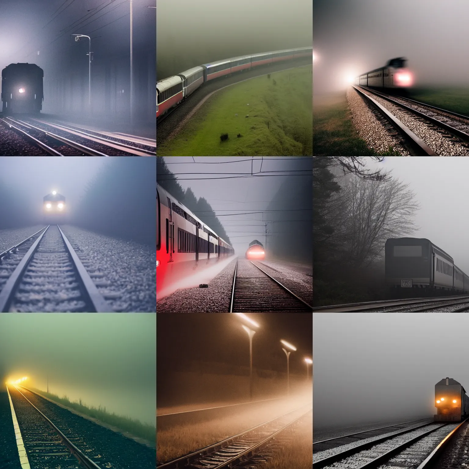 Prompt: a train approaches on a foggy evening, atmospheric, hazy, cinematic