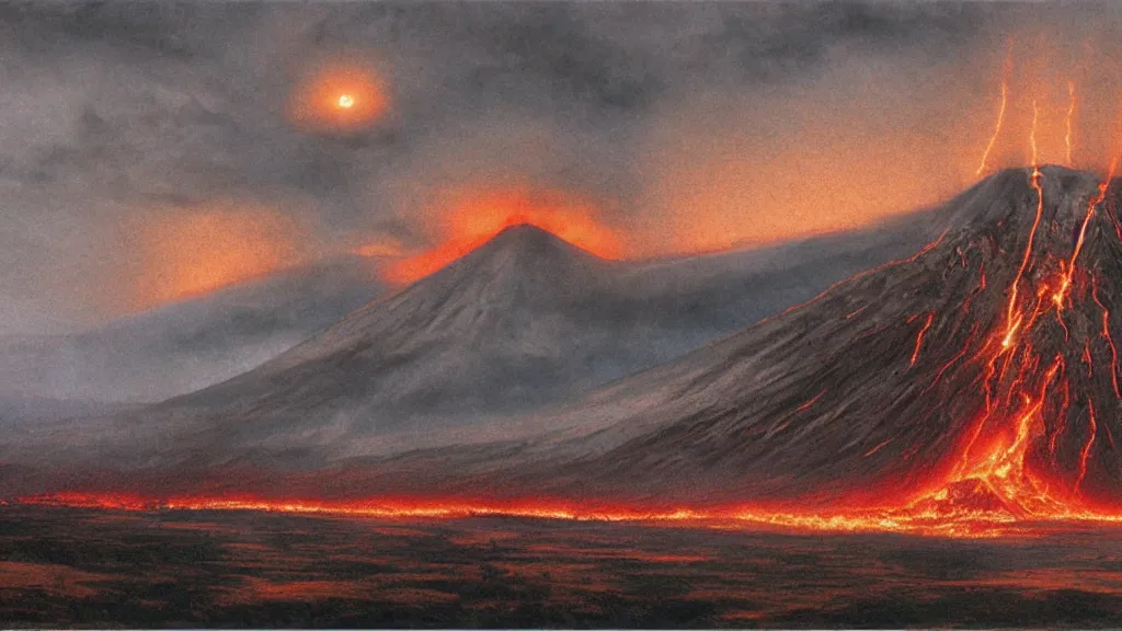 Image similar to volcanic plains of mordor, flaming eye of sauron in the dark clouds above, by alan lee, intricate, lord of the rings calendar, smooth, detailed terrain, oil painting, trending artstation, concept art, matte painting