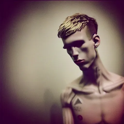 Prompt: “a realistic detailed photo of a guy who is an attractive humanoid who is half robot and half humanoid, who is a male android, rapper Machine Gun Kelly, shiny skin, posing like a statue, blank stare”