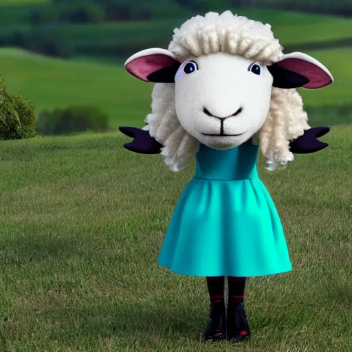 Image similar to a photorealistc sheep character wearing dress, speaking german greetings