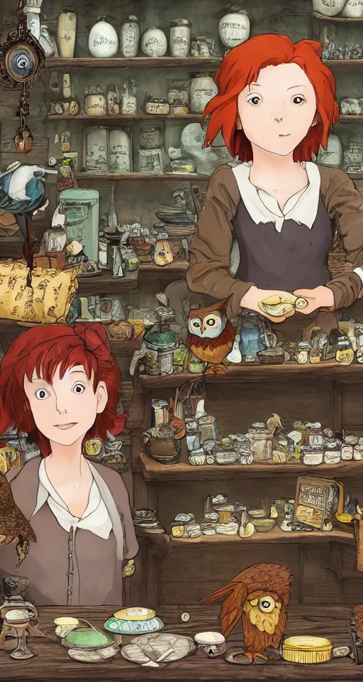 Prompt: close - up of a redhead seller at the counter in the small witch shop, with an owl, counter, cauldrons, potions, highly detailed, sharp focus, matte painting, by studio ghibli, by giovani magana, by rutkowsky,