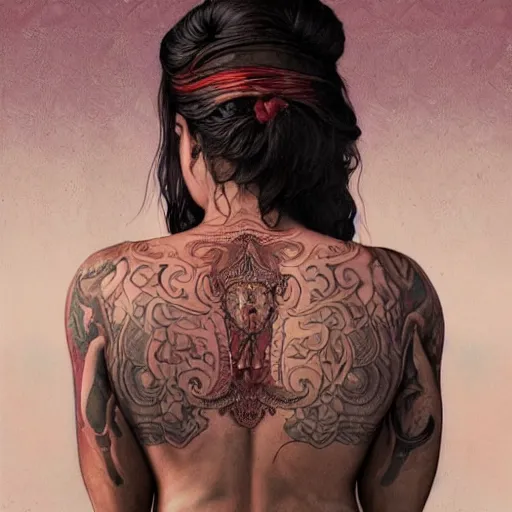 Prompt: zoomed out portrait painting of a muscular bloodied indian woman lower back, tattooed, ultra realistic, concept art, intricate details, eerie, highly detailed, photorealistic, octane render, 8 k, unreal engine. art by artgerm and greg rutkowski and alphonse mucha