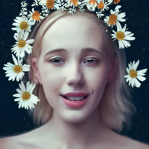 Image similar to close-up of a smiling beautiful female, blonde,, wearing a crown of daisies, beautiful happy face, ethereal, starry, space, magical atmosphere, maximalist, cinematic lighting, cinematic atmosphere, trending on artstation, cgsociety, 8k, high resolution, in the style of Faiza Maghni, David Ligare, Flora Borsi, Daniel Gerhartz,